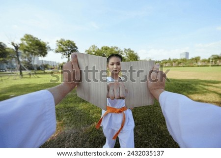 Taekwondo sportswoman breaking wooden board with her fist