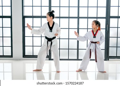 Taekwondo Teacher And Student Show Action Of Different Postures In The Room With Glass Windows. 