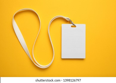 Tag Id Pass, Plastic Identification On Yellow Background. White Blank Badge Mockup.