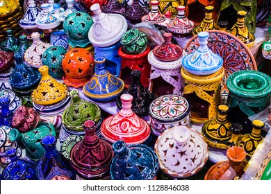 Tagine pots of different colours in Souk, Casablanca