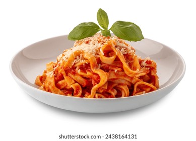 Tagliatelle egg pasta with tomato sauce and grated parmesan cheese and basil leaves in white plate isolated on white with clipping path included - Powered by Shutterstock