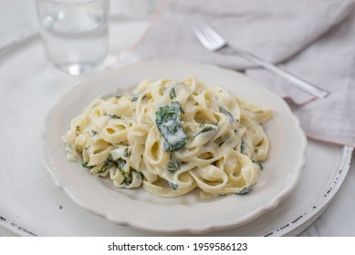 Tagliatelle Pasta With A Creamy Wild Garlic Sauce