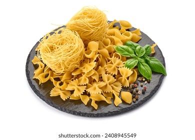 Tagliatelle pasta nests with farfalle pasta, isolated on white background - Powered by Shutterstock