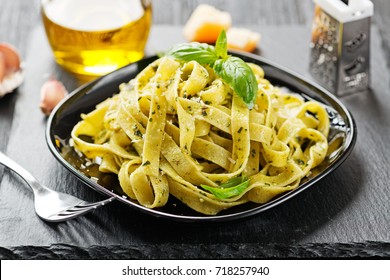 Tagliatelle Pasta With Pesto Sauce.