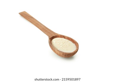 Tahini Sauce In Spoon Isolated On White Background