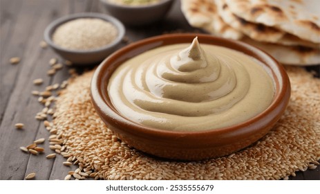 Tahini: Smooth, nutty tahini in a clay dish, surrounded by sesame seeds and pita bread, connects to Middle Eastern culinary traditions. - Powered by Shutterstock