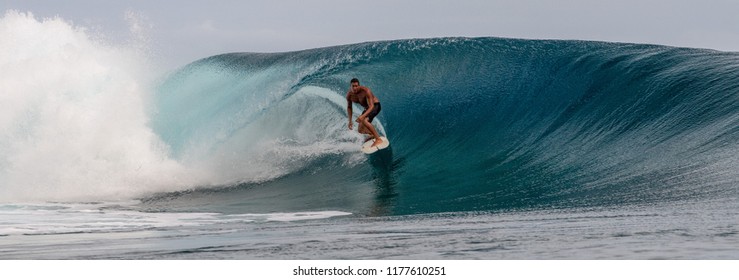 TAHITI, FRENCH POLYNESIA - AUGUST 5 2018 - Teahupoo The Annual Billabong Pro Tahiti Surf Competition Part Of WSL Championship Tour Event Champions Known For The Surf Break And Heavy Waves