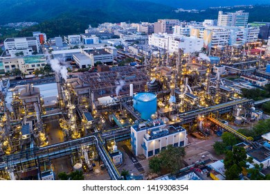 Tai Po, Hong Kong 19 May 2019: Top View Of Hong Kong Industrial Factory Plant At Night