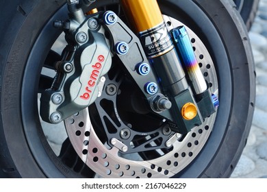 Taichung, Taiwan - 06 03 2022: Close Up Of Brembo Breaking System On Scooter Or Moped Wheel With Disc Brakes And Aftermarket Suspension