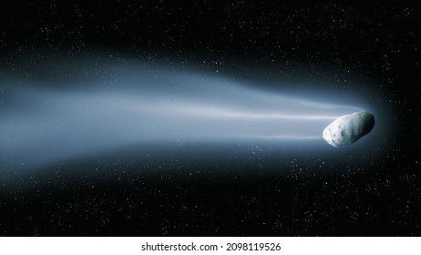 Tail And Nucleus Of A Comet. Bright Comet Flies In Space Against The Background Of Stars.