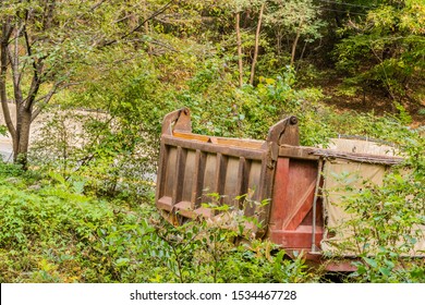 Tailgate Of Dump Truck Parked In Wooded Area Surrounded By Trees And Bushes.