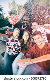 Tailgating: Group Of Happy College Football Fans