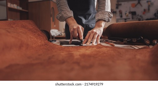 Tailor cobbler hold different rolls natural brown leather, working with textile in workshop. - Powered by Shutterstock