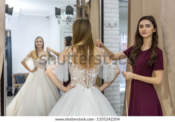 Tailor Measuring Wedding Dress On Bride Stock Photo Edit Now