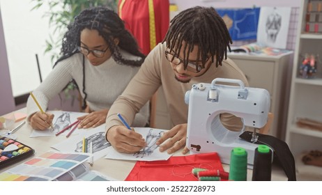 In a tailor shop, a man and woman work together on fashion design surrounded by sewing tools. - Powered by Shutterstock