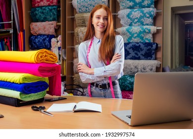 Tailor Small Business Idea.redhaired Ginger Woman In Cotton Shirt Stand In Her Dressmaking Atelier Studio