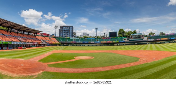 Tainan City, Tainan / Taiwan - June 20 2019: panorama of an empty baseball stadium of Tainan Municipal Baseball Stadium