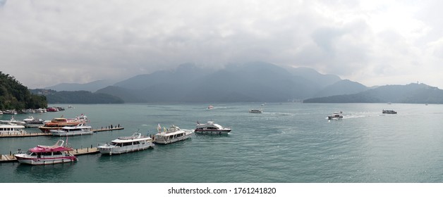 Taipai / Taiwan - October 2017: Sun Moon Lake During Sunrise With Thick Dark Clouds In The Sky, Taiwan.