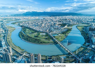 Taipei City Aerial View - Asia Business Concept Image, Panoramic Modern Cityscape Building Bird’s Eye View Under Sunrise And Morning Blue Bright Sky, Shot In Taipei, Taiwan.