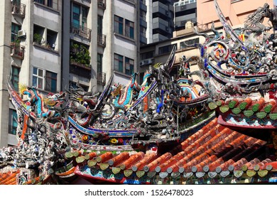 Taipei City Old And New Architecture. Longshan Temple In Taiwan. Chinese Folk Religion Landmark.