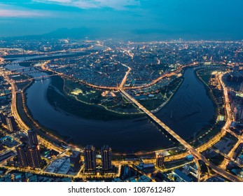 Taipei City Skyline Aerial View - Asia Modern Business City, Cityscape (night View) Birds Eye View Use The Drone In Evening, Shot In New Taipei, Taiwan.