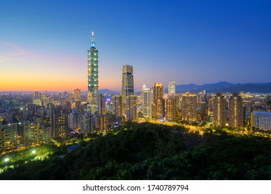 Taipei City Skyline View From Elephant Mountain At Dawn