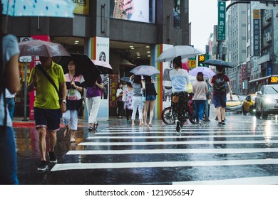 Taipei City, Taiwan - June 26,2018: Street In The Heavy Rain