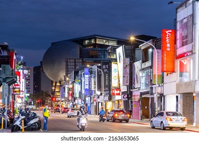 Taipei, Taiwan, 06 April 2022: Taipei City Street In Shilin District At Night