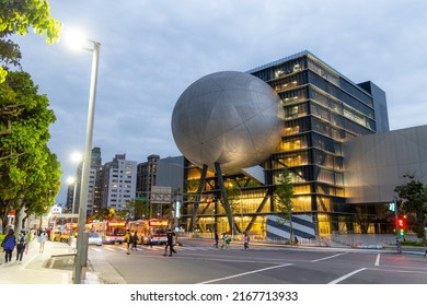 Taipei, Taiwan, 06 April 2022: Performing arts center in Shilin district of Taipei in the evening