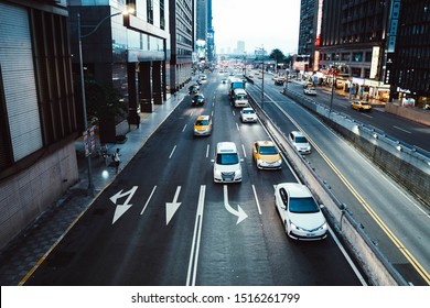 Taipei, Taiwan 08/11/2018:The Taipei Cityscape And A Lot Of Cars On The Zhongxiao E. Road Sect.1