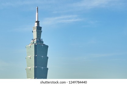 Taipei, Taiwan - 12 04 2018: Taipei 101 Skyscraper Close Up View 