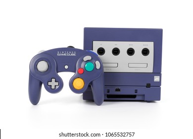 Taipei, Taiwan - February 18, 2018: A Studio Shot Of A Nintendo Gamecube System With Controller On A White Background.