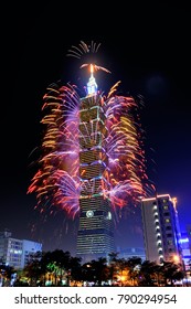 Taipei, Taiwan - January 1, 2015: Taipei City Night landscape and Taipei 101 fireworks celebrate the new year.