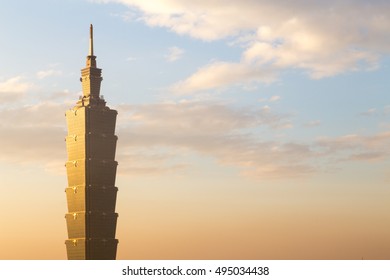 Taipei, Taiwan - January 5, 2015: Close Up Of Taipei 101 Tower Sunset