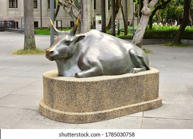 Taipei, Taiwan, July 11th 2020: Metal Buffalo Statue In Front Of The National Palace Museum Entrance.