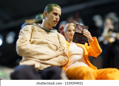 TAIPEI, TAIWAN - JUNE 26, 2018: Close Up Of Joker And Harley Quinn Figures On Display Shelf In Ximending Mall. Suicide Squad Is A 2016 American Superhero Film Based On The DC Comics Supervillain Team.