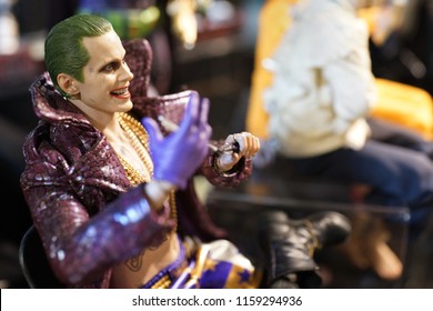 TAIPEI, TAIWAN - JUNE 26, 2018: Close Up Of Joker Figures On Display Shelf In Ximending Mall. Suicide Squad Is A 2016 American Superhero Film Based On The DC Comics Supervillain Team.