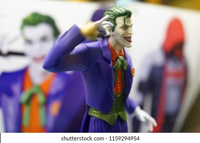 TAIPEI, TAIWAN - JUNE 26, 2018: Close Up Of Joker Figures On Display Shelf In Ximending Mall. Suicide Squad Is A 2016 American Superhero Film Based On The DC Comics Supervillain Team.