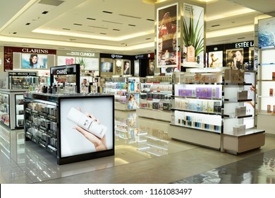 TAIPEI, TAIWAN - JUNE 27, 2018 : Various Brand Cosmetic Store In Taoyuan Airport. Cosmetics Are The Most Accessible Product, With Counters In Upmarket Department Stores Across The World.        