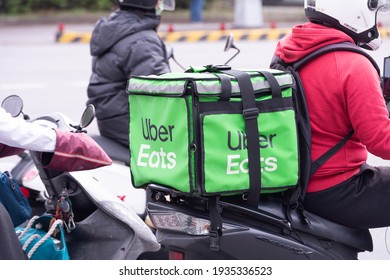 Taipei, Taiwan - March , 2021 : Uber Eats box on a motocycle, delivery service at Taipei, Taiwan