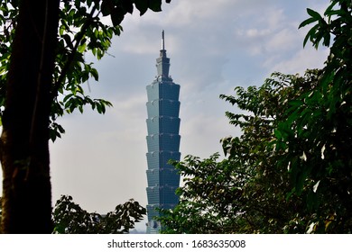 Taipei, Taiwan, March 26th 2020: Taipei 101 Skyscraper From Xiangshan Mountain In  Nangang District 