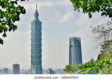 Taipei, Taiwan, March 26th 2020: Taipei 101 Skyscraper From Xiangshan Mountain In  Nangang District 