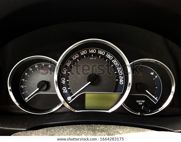 Taipei, Taiwan, March 4, 2020: Car dashboard\
instrument. (Toyota altis). Toyota car cluster. Car cluster speed.\
Gasoline car and automatic\
gearbox