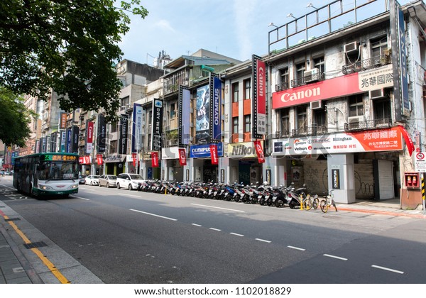 TAIPEI, TAIWAN - MAY 18, Signs of many camera\
brands in Bo\'ai Road area on May 18, 2018. Bo\'ai Road is well known\
as camera street in\
Taiwan.