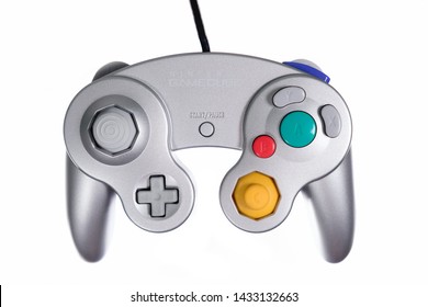 Taipei, Taiwan - May 31, 2019: A Floating Nintendo Gamecube Controller Isolated On A White Background