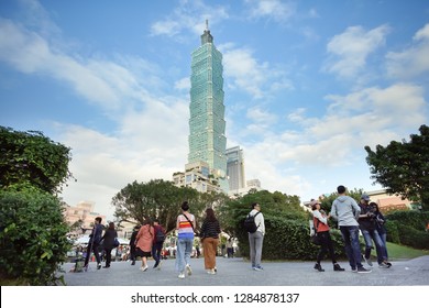 Taipei, Taiwan - November 24, 2018: The high building Taipei 101 tower located in finacial distict, Taipei, Taiwan.