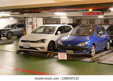 Taipei, Taiwan - November 25, 2018 : Motion Of Car Leaving Underground Parking Space By Auto Machine Parking System