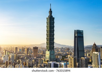 TAIPEI, TAIWAN - OCT 09, 2017: known as the Taipei World Financial Center is a landmark skyscraper in Taipei, Taiwan. The building was officially classified as the world's tallest in 2004 until 2010.
