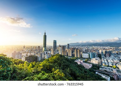 TAIPEI, TAIWAN - OCT 09, 2017: known as the Taipei World Financial Center is a landmark skyscraper in Taipei, Taiwan. The building was officially classified as the world's tallest in 2004 until 2010.