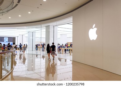 Taipei, Taiwan. September 8, 2018. Entrance to the first and largest Apple store in Taiwan at the ground floor of the Taipei 101 luxury shopping mall.